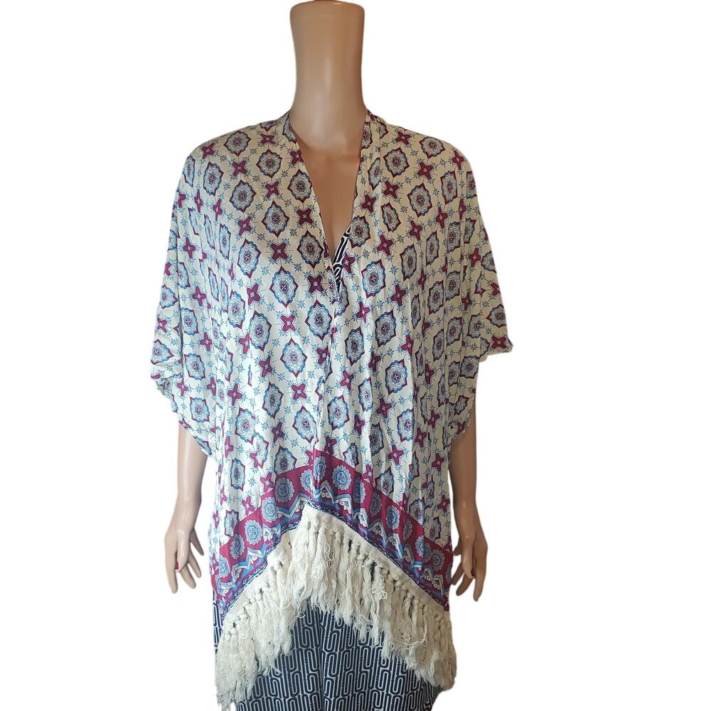 JC Sunny Just Classic Fringe Kimono Cover Up Blue Red Boho Medallion NWOT OS